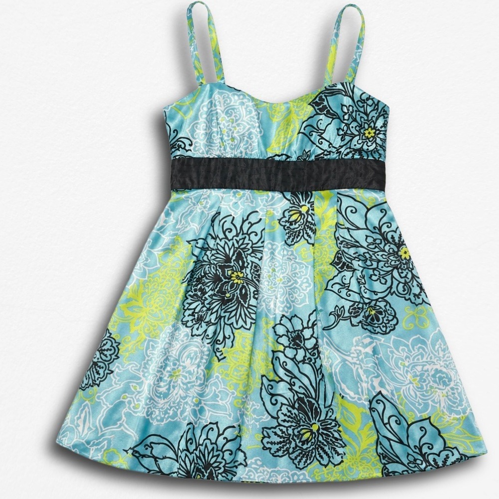 I.N. San‎ Francisco Vintage Y2K Floral Empire Waist Mini Dress Blue Green Size 7